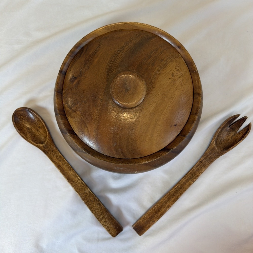 Genuine Hand-carved Monkey Pod Wood Soup Tureen With Lid Spoon Fork - Picture 2 of 8